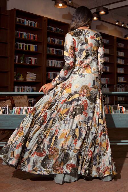Shop_Vana Ethnics_Grey Viscose Printed Floral V Neck Anarkali And Palazzo Set _at_Aza_Fashions