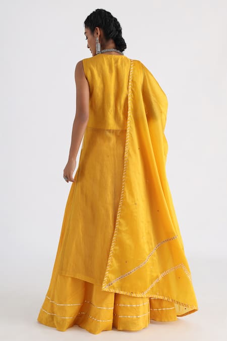 Shop Smriti By Anju Agarwal Yellow Bamboo, Chanderi, Satin, Muslin, Organza Ira Front Slit Kurta Sharara Set at Aza Fashions Shop_Smriti By Anju Agarwal_Yellow Bamboo, Chanderi, Satin, Muslin, Organza Ira Front Slit Kurta Sharara Set _at_Aza_Fashions