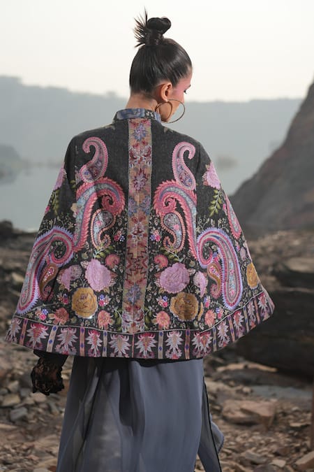 Neiza By Neeti Seth Floral Print Cashmere Wool Cape 