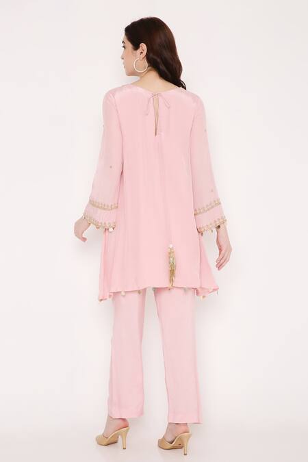 Shop Bha Sha Pink Crepe, Cotton, Satin Sequins, Aastha Placement Embroidered Tunic And Pant Set at Aza Fashions Shop_Bha Sha_Pink Crepe, Cotton, Satin Sequins, Aastha Placement Embroidered Tunic And Pant Set _at_Aza_Fashions