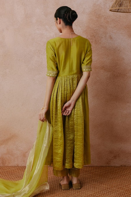 Shop_Label Mansi Nagdev_Green Chanderi, Cotton, Organza, Silk Pearls, Sadia Panelled Anarkali Set _at_Aza_Fashions