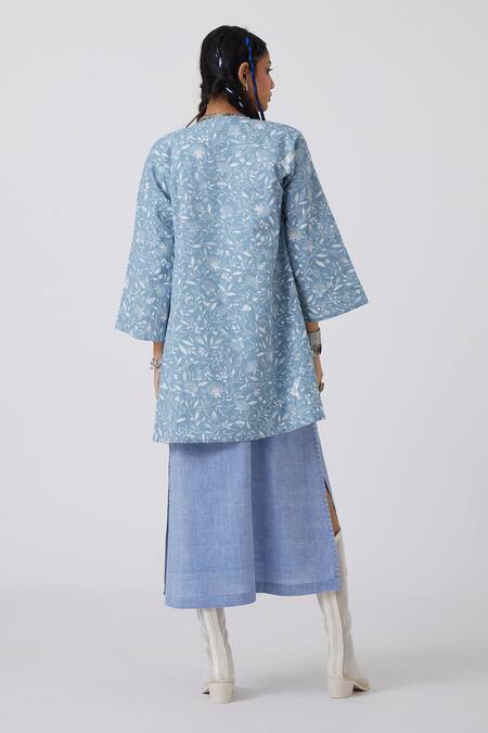 Shop The Summer House Blue Cotton, Linen Embroidery Open Neck Ewa Reversible Jacket at Aza Fashions Shop_The Summer House_Blue Cotton, Linen Embroidery Open Neck Ewa Reversible Jacket _at_Aza_Fashions