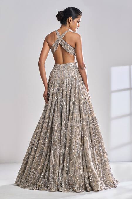 Shop Seema Gujral Beige Net Sequins Plunge V Neck Embroidered Gown at Aza Fashions Shop_Seema Gujral_Beige Net Sequins Plunge V Neck Embroidered Gown_at_Aza_Fashions