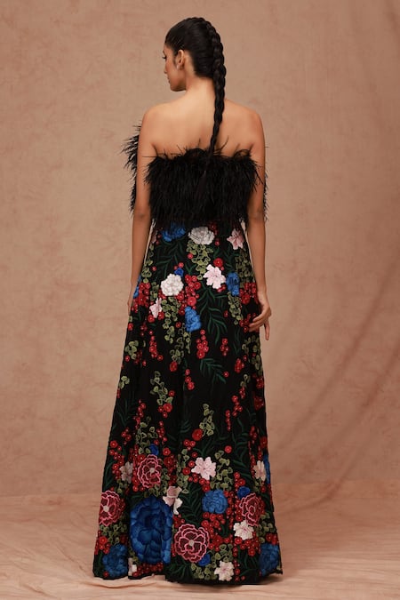 Shop_Shriya Som_Black Tulle Embroidery Floral Flower Vine Skirt _at_Aza_Fashions