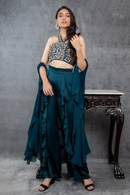 Sunita Bhandari Asymmetric Cape Ruffle Palazzo Set 