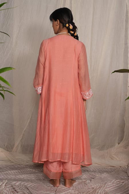 Shop_Pants And Pajamas_Peach Chanderi, Muslin Mirrors V-neck Candy Stick Chikankari Kurta _at_Aza_Fashions