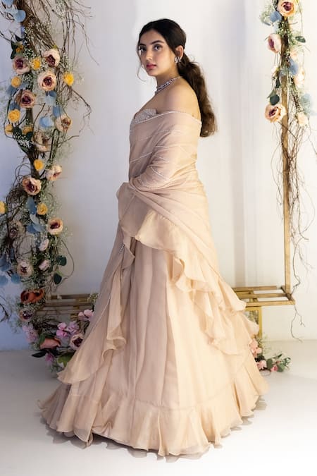 Shop_Sunita Bhandari_Beige Viscose, Organza Sequins, Ruffle Lehenga Saree And Embroidered Blouse Set _at_Aza_Fashions
