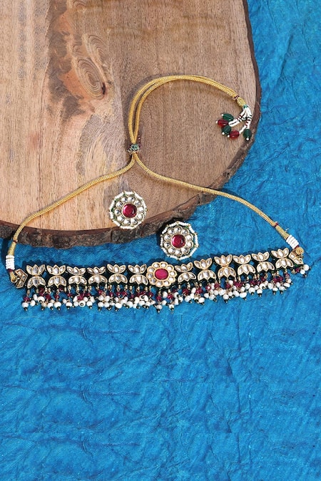 Auraa Trends Red Diamonds, Pearls Kundan Studded Choker Set
