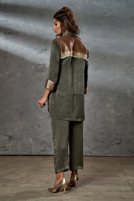 Shop Aditi Somani Green Silk Suede Thread, Beads Hand Embroidered Shirt And Straight Pant Set at Aza Fashions Shop_Aditi Somani_Green Silk Suede Thread, Beads Hand Embroidered Shirt And Straight Pant Set _at_Aza_Fashions