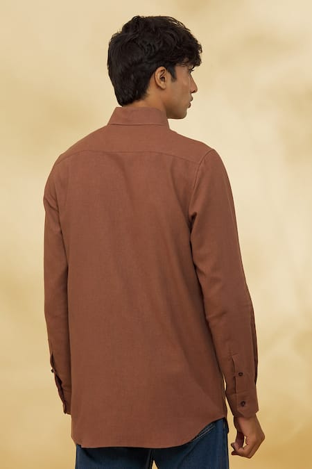 Shop_The MeN'S Kompany_Brown Twill, Cotton Embroidery Placement Logo Motif Shirt _at_Aza_Fashions