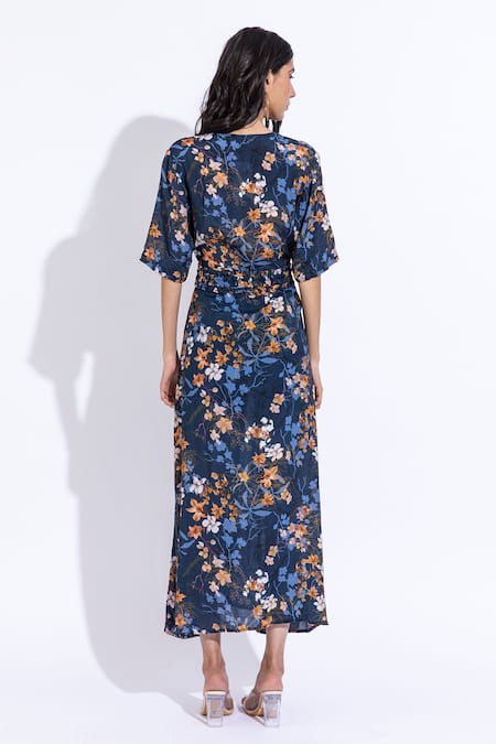 Shop Aroop Shop India Blue Cotton, Silk V-neck Kerry Lupine Print Dress at Aza Fashions Shop_Aroop Shop India_Blue Cotton, Silk V-neck Kerry Lupine Print Dress _at_Aza_Fashions