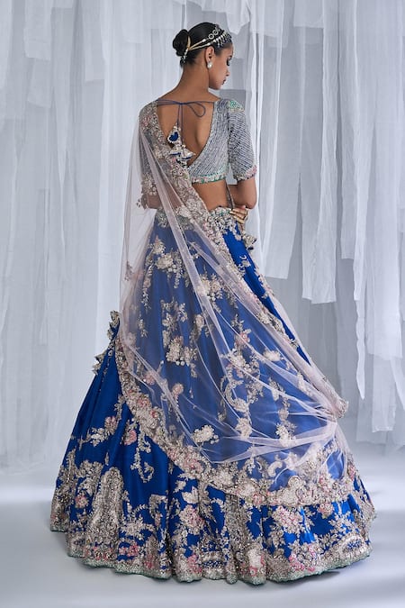 Shop Dolly J Blue Silk, Net Embroidery, Tassels V-neck Daffodil Raw Bridal Lehenga Set at Aza Fashions Shop_Dolly J_Blue Silk, Net Embroidery, Tassels V-neck Daffodil Raw Bridal Lehenga Set _at_Aza_Fashions