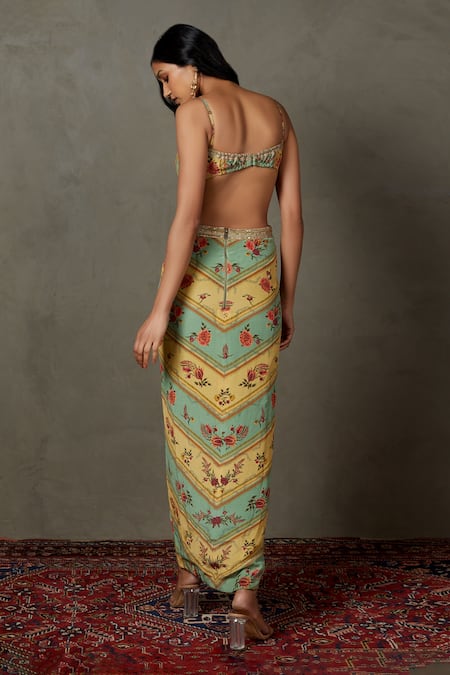 Shop_RI.Ritu Kumar_Green Silk, Viscose Embroidery Sweetheart Neck Dahlia Floral Print Cutout Dress _at_Aza_Fashions