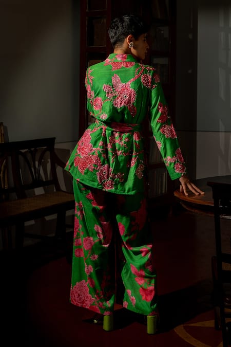 Shop Paulmi And Harsh Green Cotton, Silk Sequins, Zari Full Blooming Print Blazer And Pant Set at Aza Fashions Shop_Paulmi And Harsh_Green Cotton, Silk Sequins, Zari Full Blooming Print Blazer And Pant Set _at_Aza_Fashions