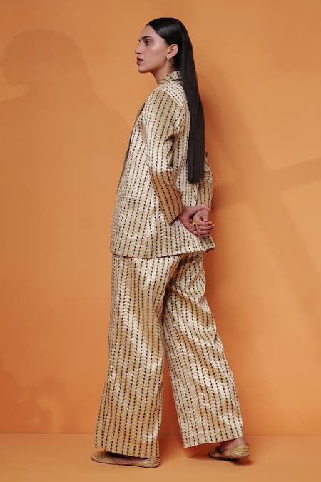 Shop_Taisha_Brown Kota Doria, Silk Satin, Chanderi Fekua Handwoven Blazer Pant Set _at_Aza_Fashions
