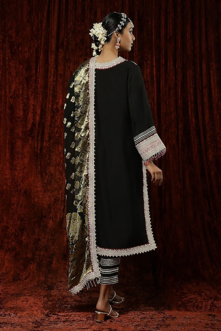 Shop Shikhar Sharma Black Silk Chanderi Embroidered Pearl V Neck Full Sleeve Kurta Pant Set at Aza Fashions Shop_Shikhar Sharma_Black Silk Chanderi Embroidered Pearl V Neck Full Sleeve Kurta Pant Set _at_Aza_Fashions