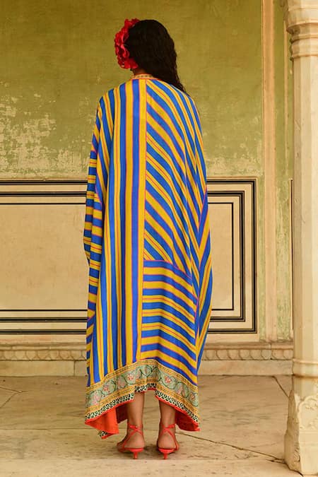 Shop_Swati Vijaivargie_Blue Silk Embroidery, Mirrors Mandarin Collar Striped Flared Kaftan _at_Aza_Fashions