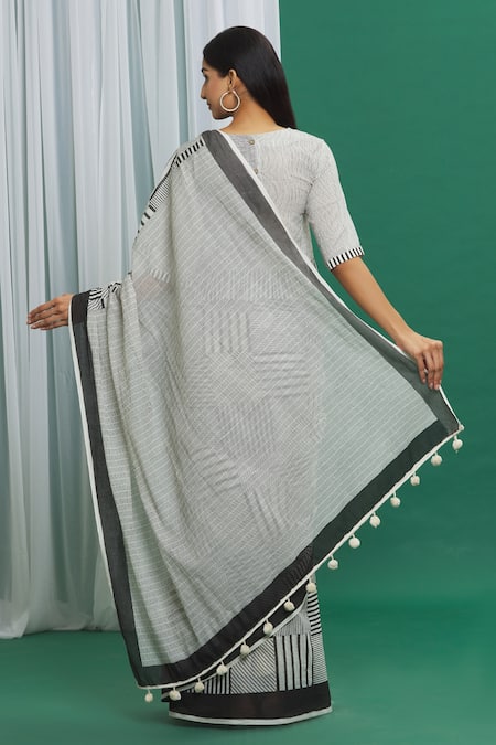 Shop Banana Labs Black Cotton Pom-poms Round Neck Hand Block Print Saree With Crop Top at Aza Fashions Shop_Banana Labs_Black Cotton Pom-poms Round Neck Hand Block Print Saree With Crop Top _at_Aza_Fashions
