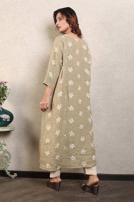 Shop_Falguni.Foram_Beige Gabardine, Linen Beads, Zari Round Neck Leaf Print Kurta And Pant Set _at_Aza_Fashions