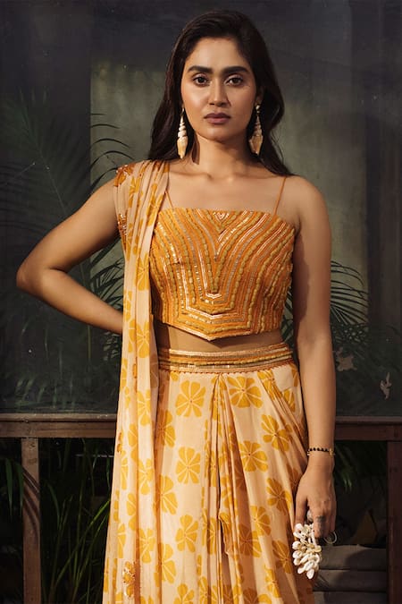 Shop_Suave_Orange Chiffon, Denim Beads Square Neck Floral Pattern Pre-draped Saree Set _at_Aza_Fashions