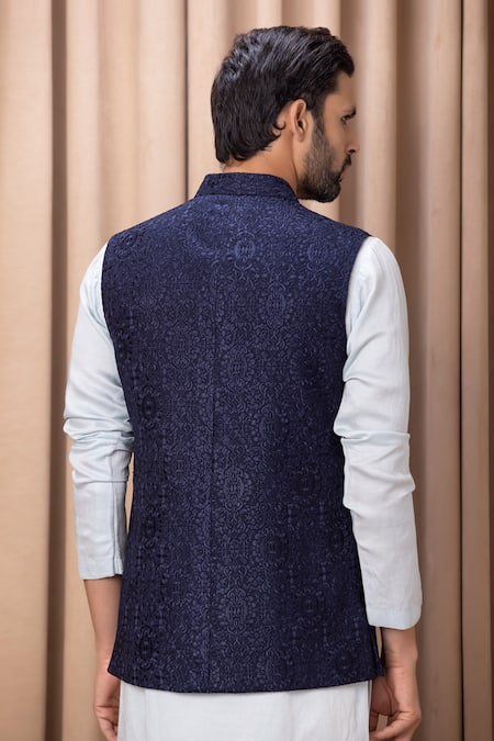 Shop Ankit V Kapoor Blue Georgette Embroidery Nehru Jacket With Thread Work at Aza Fashions Shop_Ankit V Kapoor_Blue Georgette Embroidery Nehru Jacket With Thread Work _at_Aza_Fashions