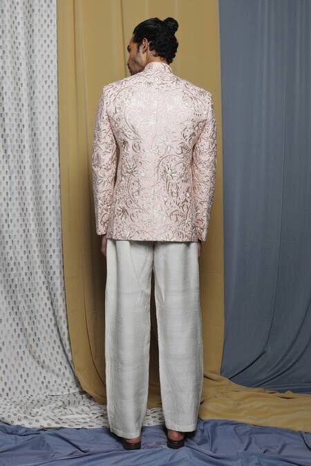 Shop_Krishna Mehta_Peach Cotton, Viscose Embroidery Floral Bandhgala _at_Aza_Fashions
