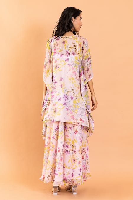 Shop Aroop Shop India Pink Chiffon Split V-neck Hazel Printed Kaftan And Pant Set at Aza Fashions Shop_Aroop Shop India_Pink Chiffon Split V-neck Hazel Printed Kaftan And Pant Set _at_Aza_Fashions