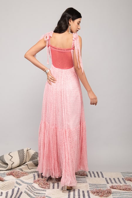 Shop_Kalakaari By Sagarika_Pink Chiffon Embroidery Sweetheart Neck Geometric Hand Block Print Maxi Dress _at_Aza_Fashions