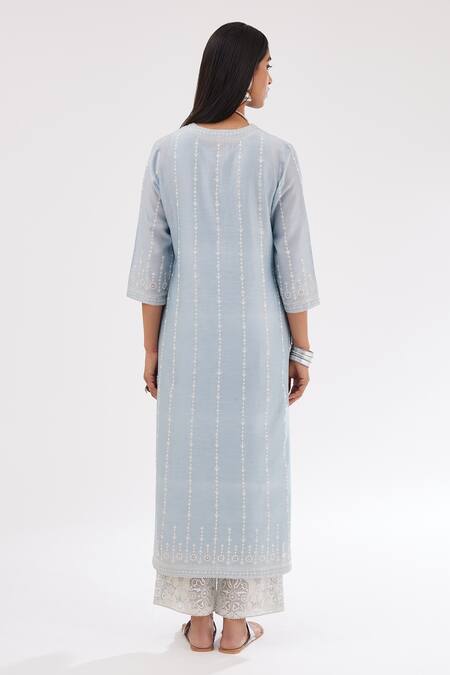Shop Kora Blue Silk, Cotton, Chanderi Sequins, Embroidery Round Straight Kurta Pant Set at Aza Fashions Shop_Kora_Blue Silk, Cotton, Chanderi Sequins, Embroidery Round Straight Kurta Pant Set _at_Aza_Fashions