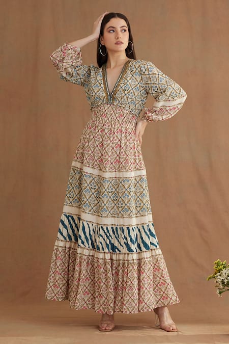 Shop Nikasha Blue Viscose, Georgette Sequins V-neck Mughal Print Tiered Dress at Aza Fashions Shop_Nikasha_Blue Viscose, Georgette Sequins V-neck Mughal Print Tiered Dress _at_Aza_Fashions