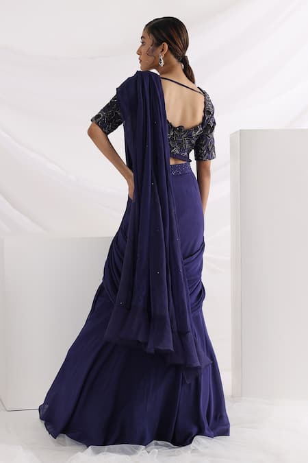 Smriti By Anju Agarwal Ultramarine Pre-Draped Saree With Blouse 