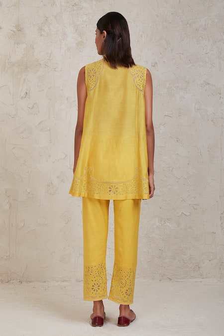 Shop Sue Mue Yellow Chanderi Cut Work Collared Ifza Handwoven Pant Set at Aza Fashions Shop_Sue Mue_Yellow Chanderi Cut Work Collared Ifza Handwoven Pant Set _at_Aza_Fashions