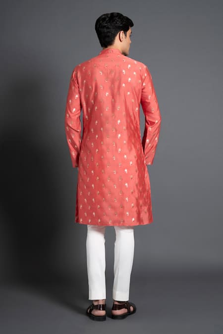 Shop Raghavendra Rathore Jodhpur Pink Chanderi Silk Embroidery Floral Woven Kurta at Aza Fashions Shop_Raghavendra Rathore Jodhpur_Pink Chanderi Silk Embroidery Floral Woven Kurta _at_Aza_Fashions