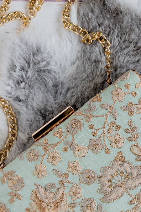 Shop Amyra Blue Embroidery Leya Clutch With Sling at Aza Fashions Shop_Amyra_Blue Embroidery Leya Clutch With Sling _at_Aza_Fashions