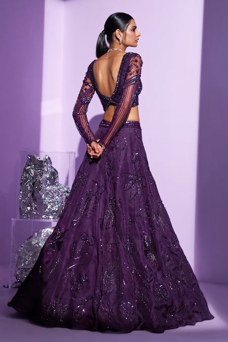 Shop_Parul Gandhi_Purple , Net, Organza Stellar Floral Shimmer Embellished Lehenga Set _at_Aza_Fashions