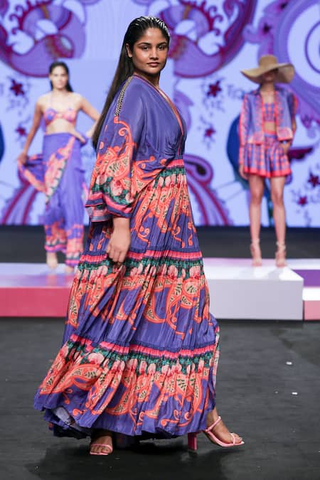 Shop_Limerick By Abirr N' Nanki_Multi Color Crepe Printed Paisley Deep V Neck Kian Dress  _at_Aza_Fashions