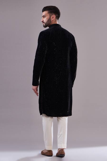 Shop Kasbah Black Velvet, Cotton Embroidery Geometric Kurta at Aza Fashions Shop_Kasbah_Black Velvet, Cotton Embroidery Geometric Kurta_at_Aza_Fashions