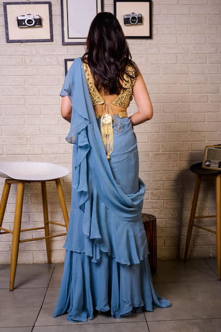 Shop_Priti Sahni_Blue Georgette, Tulle Sequins, Pearls, Solid Ruffle Pre Draped Saree Set _at_Aza_Fashions