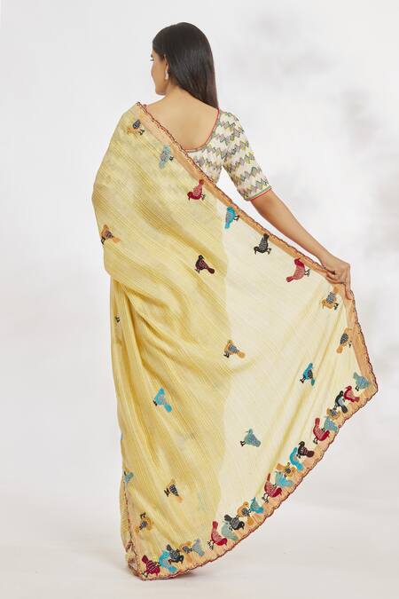 Shop_Paksh_Yellow Printed Striped And Embroidered Saree  _at_Aza_Fashions