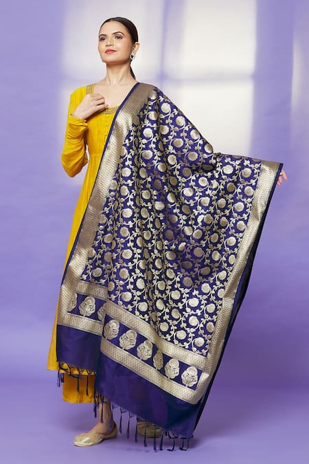 Shop Naintara Bajaj Navy Brocade Embroidery Floral Woven Blue Dupatta at Aza Fashions Shop_Naintara Bajaj_Navy Brocade Embroidery Floral Woven Blue Dupatta _at_Aza_Fashions