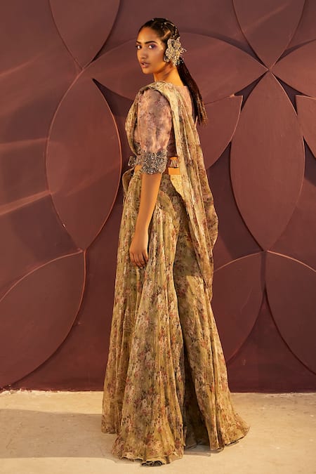 Shop Parul And Preyanka Green Organza, Embroidery, Jolie Floral Print Blouse And Gharara Set at Aza Fashions Shop_Parul And Preyanka_Green Organza, Embroidery, Jolie Floral Print Blouse And Gharara Set _at_Aza_Fashions