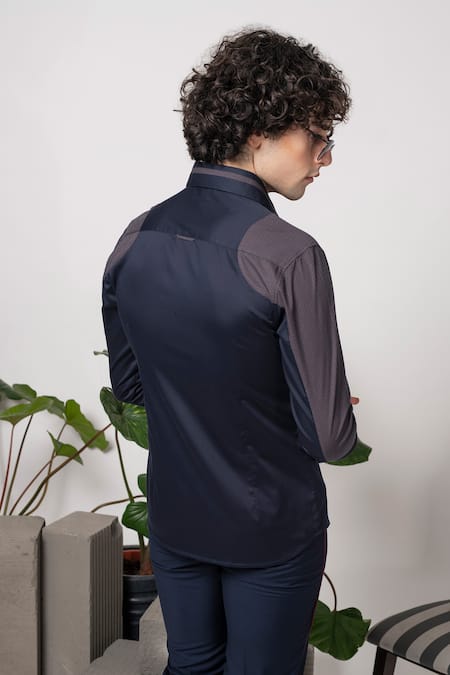 Shop Abkasa Blue Cotton Bosch Panelled Shirt at Aza Fashions Shop_Abkasa_Blue Cotton Bosch Panelled Shirt _at_Aza_Fashions