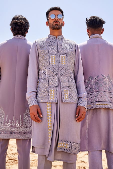 Shop Sarab Khanijou Purple Silk Pearls, Sequins Embroidered Bundi Kurta Set at Aza Fashions Shop_Sarab Khanijou_Purple Silk Pearls, Sequins Embroidered Bundi Kurta Set _at_Aza_Fashions