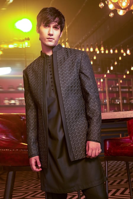 Shop Kora By Nilesh Mitesh Green Silk Embroidery Embellished Jodhpuri Sherwani Set at Aza Fashions Shop_Kora By Nilesh Mitesh_Green Silk Embroidery Embellished Jodhpuri Sherwani Set_at_Aza_Fashions