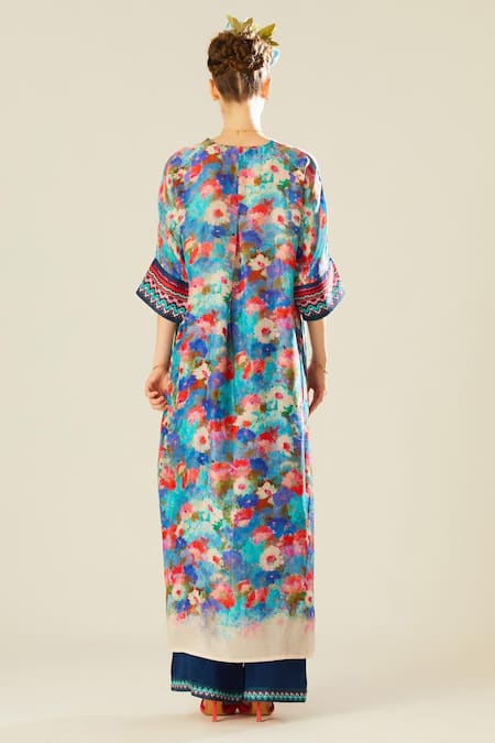 Shop_Rajdeep Ranawat_Blue Satin Plain Paloma Straight Printed Hem Pant  _at_Aza_Fashions
