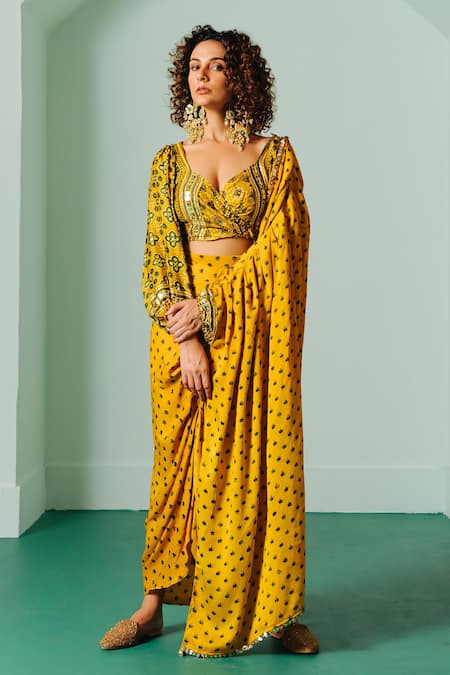 Shop_Prahnaaya_Yellow Satin Sequins, Zari Sweetheart Neck Printed Pre-draped Saree With Blouse _at_Aza_Fashions