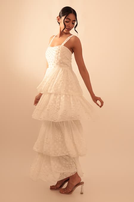Vanshika Agarwal Label Pearl Embroidered Ruffle Layer Gown 