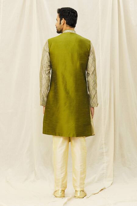 Shop_Nayantara Couture_Green Silk Embroidery Geometric Print Placement Sherwani Set_at_Aza_Fashions