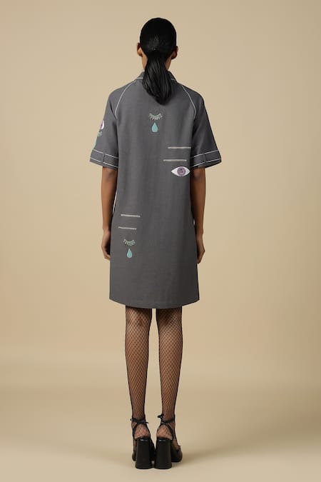 Shop Shahin Mannan Grey Cotton Embroidery Shawl Neck Facial Expression Raglan Sleeve Dress at Aza Fashions Shop_Shahin Mannan_Grey Cotton Embroidery Shawl Neck Facial Expression Raglan Sleeve Dress _at_Aza_Fashions
