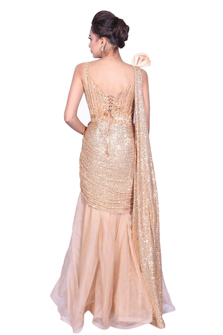 Shop_Archana Kochhar_Gold Organza, Georgette Sequins, Cut Work V-neck Embroidered Saree Gown _at_Aza_Fashions